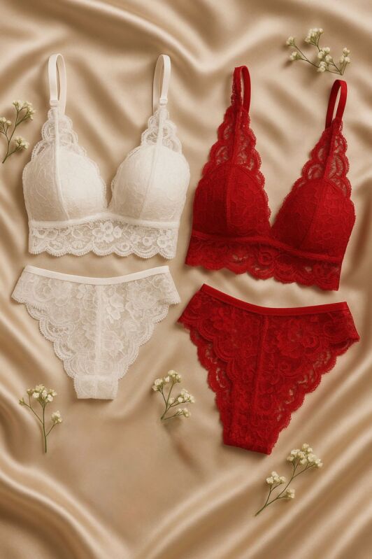 4 Parça Dantel Sütyen Takım– (Kırmızı & Beyaz ) – Desteksiz 7050 - 1