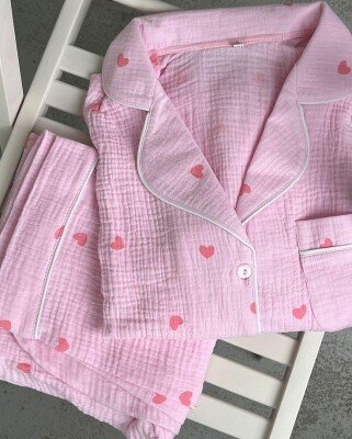 Beatiful Krinkıl Pembe kalpli Örme Special Kumaş Pijama Takımı 6870 - ÇeyizeDairHerşey