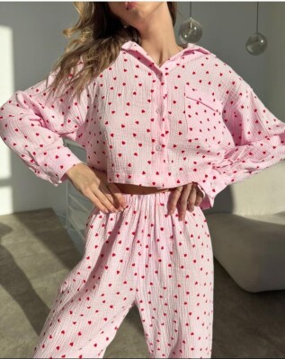 Beatiful Krinkıl Pink Heart Örme Special Kumaş Pijama Takımı 6784 - ÇeyizeDairHerşey