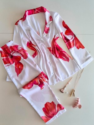 - Bloomwear Uzun Kollu Saten Pijama Takımı 6931 - 7
