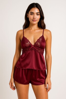 Bordo ipek saten dantel detaylı ip askılı şortlu takım 6917 - ÇeyizeDairHerşey