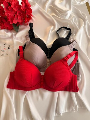 Kadın Telsiz Önden Çıtçıtlı Destekli Sütyen 3’lü Paket (Kırmızı - Vizon - Siyah) 7030 - ÇeyizeDairHerşey