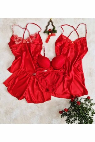 Kırmızı saten 5 li gecelik set 6570 - ÇeyizeDairHerşey