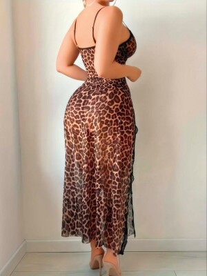 leopar Desenli Iki Parça Askılı Transparan Uzun Seksi Gecelik Takımı 6968 - ÇeyizeDairHerşey (1)