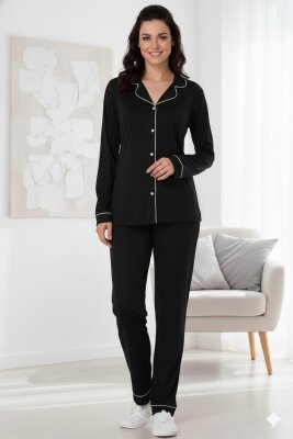 Midnight Ease – Pamuklu Penye Siyah Biyeli Pijama Takımı 7048 - ÇeyizeDairHerşey