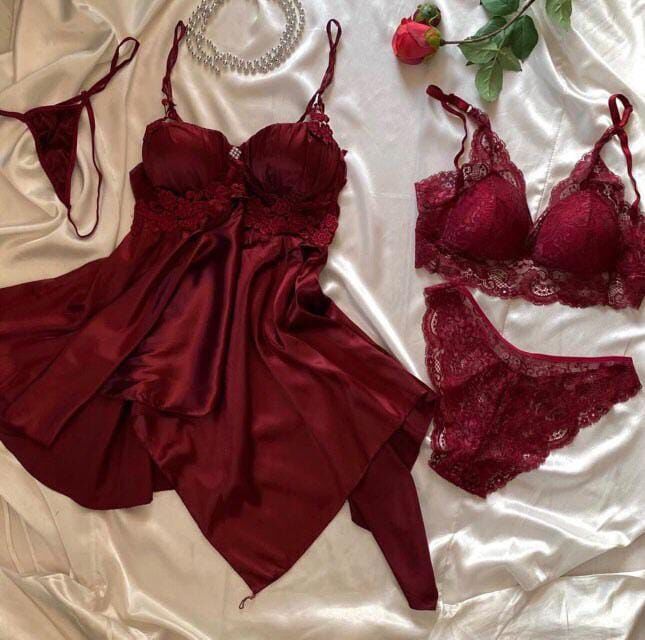 Passion Bordo Saten 4 lü gecelik seti 7003 - 1