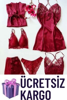 Bordo 6 lı sabahlıklı çeyizlik set 6114 - ÇeyizeDairHerşey