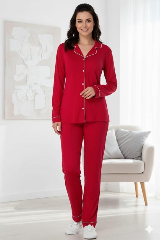 Red Charm – Pamuklu Penye Kırmızı Biyeli Pijama Takımı 7049 - 1