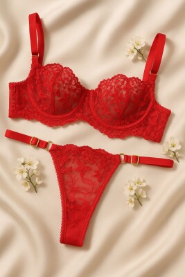 Red Desire Çiçek Desenli Dantel Sütyen Takımı - ÇeyizeDairHerşey