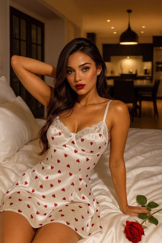  Romantic Bloom Kırmızı Kalp Desenli Dantel Detaylı Saten Gecelik 6988 - 1