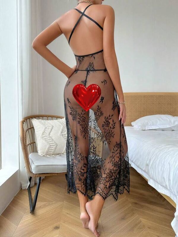 Siyah Dantel Transparan Uzun Gecelik, Güpürlü 6981 - 3